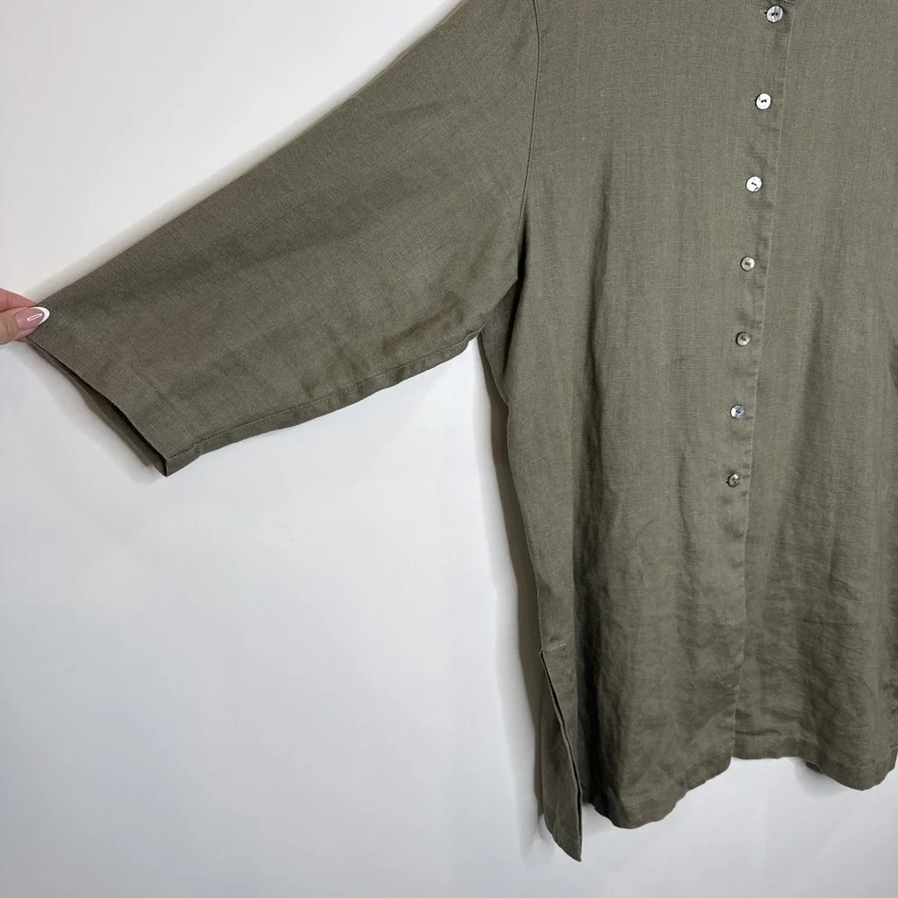Chicos 100% Linen Button Up Tunic Top L Green Band Collar Sustainable Lagenlook - Picture 2 of 4